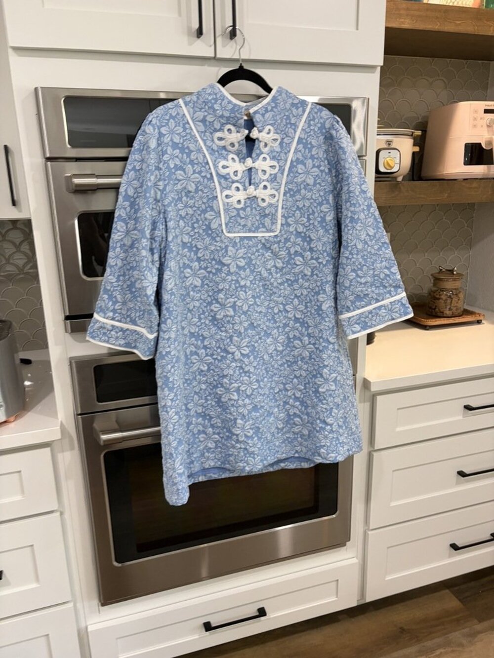 Blue and White Floral Brocade Asian Style Dress